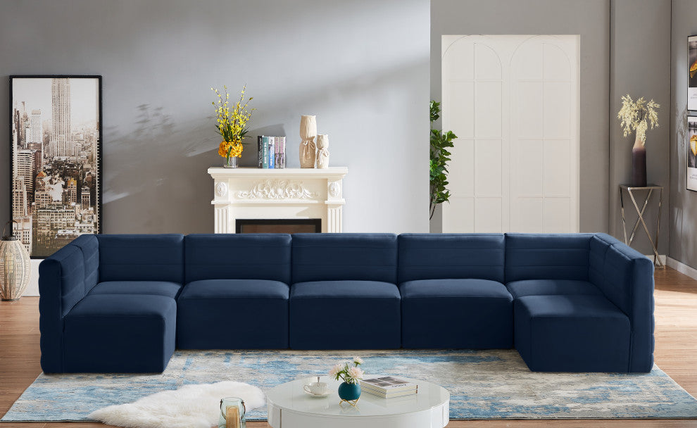 Quincy Velvet Upholstered 7-Piece U-Shaped Modular Sectional, Navy