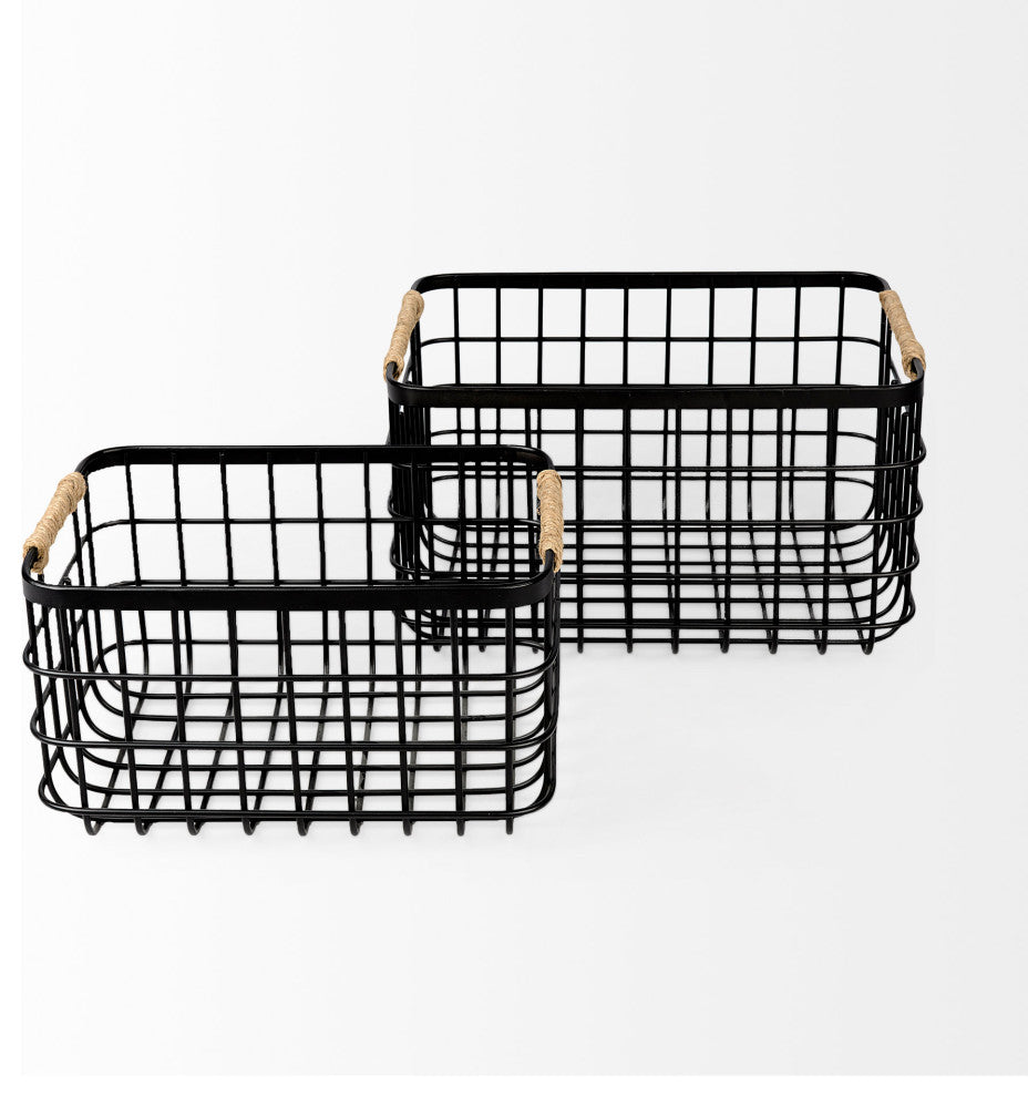 Marius Matte Black Metal w/ Rope Trim Rectangular Baskets (Set of Two)