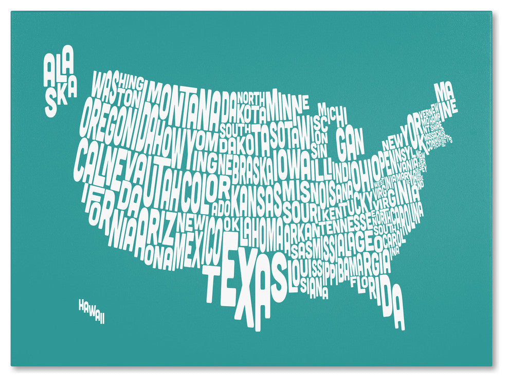 'USA States Text Map - Turqoise' Canvas Art by Michael Tompsett
