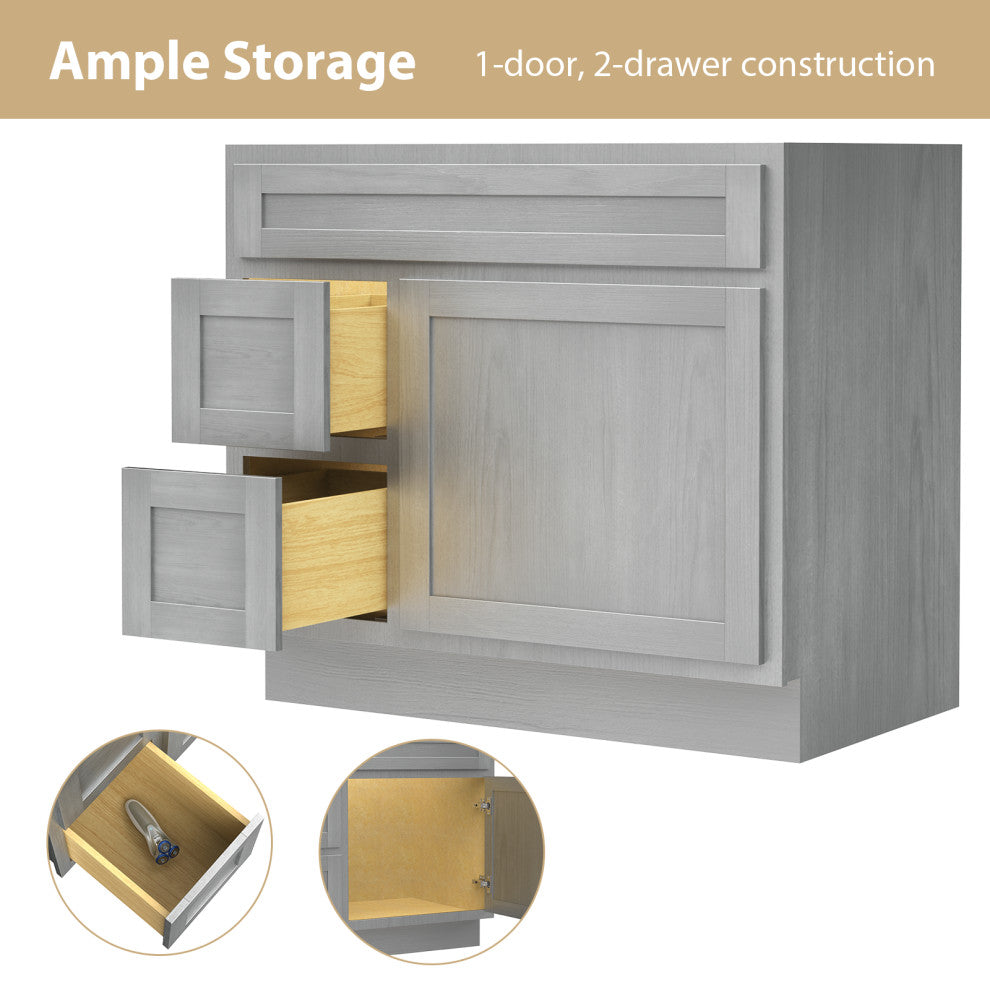 Vanity Art Vanity Base Cabinet, No Top, Drawers on Left, 36", Silver