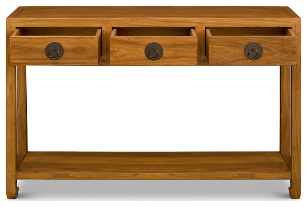 Natural Elmwood Chinese Ming Console Table with 3 Drawers and Shelf