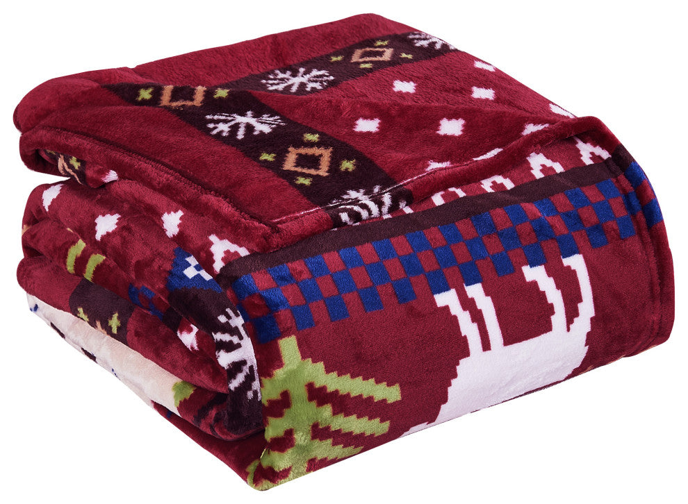 Christmas Deer Flannel Fleece Blanket, Burgundy Christmas Deer, Queen