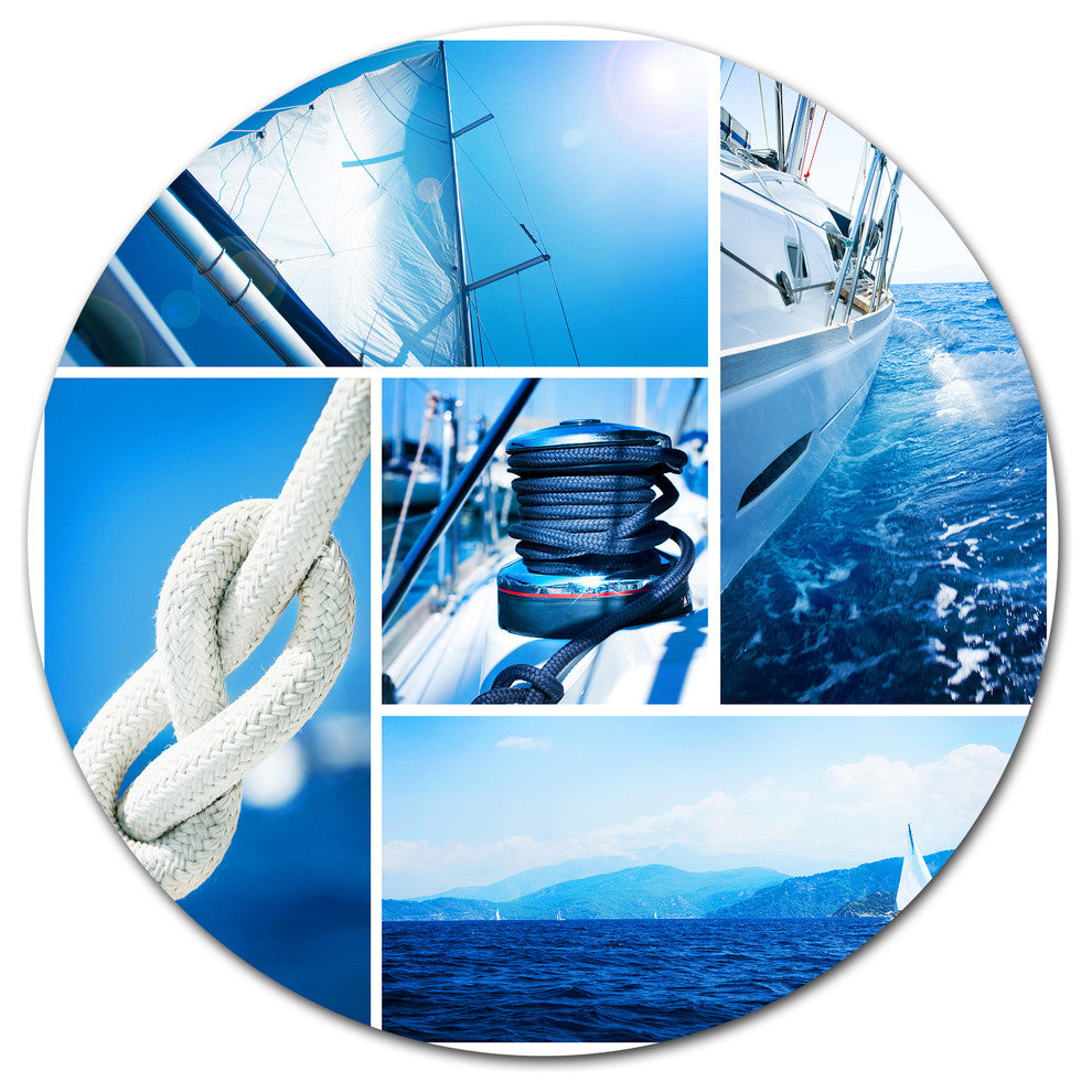 Sailing Yacht In Blue Sea Collage, Seashore Disc Metal Artwork, 23"