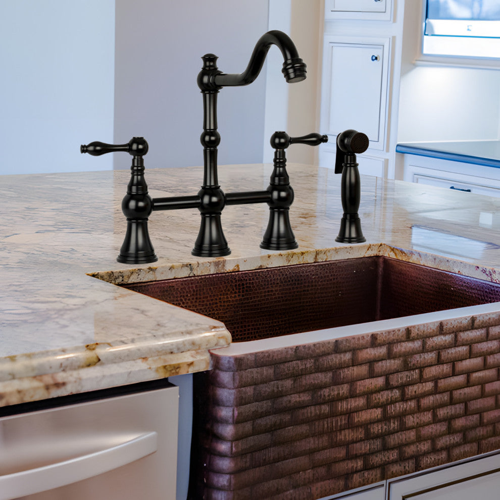 Two-Handles Copper Bridge Kitchen Faucet with Side Sprayer, Matte Black