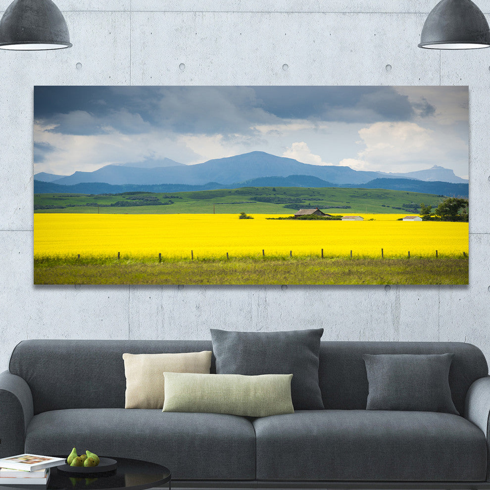 Farm House in Field Of Canola, Landscape Canvas Art Print, 60"x28"