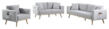 Easton Light Gray Linen Sofa Loveseat Chair, USB Charging Ports Pockets, Pillows