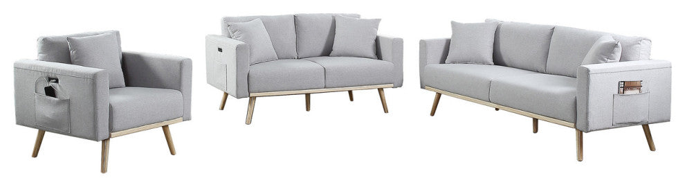Easton Light Gray Linen Sofa Loveseat Chair, USB Charging Ports Pockets, Pillows