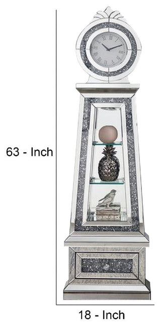 Benzara BM269090 Mirrored Grandfather Clock With 3 Open Compartments, Silver
