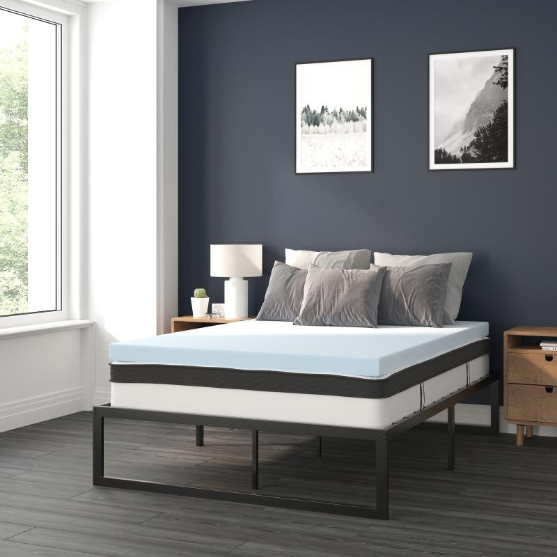 14" Metal Platform Bed Frame, 10" Pocket Spring Mattress & Memory Foam Topper, Black, Full