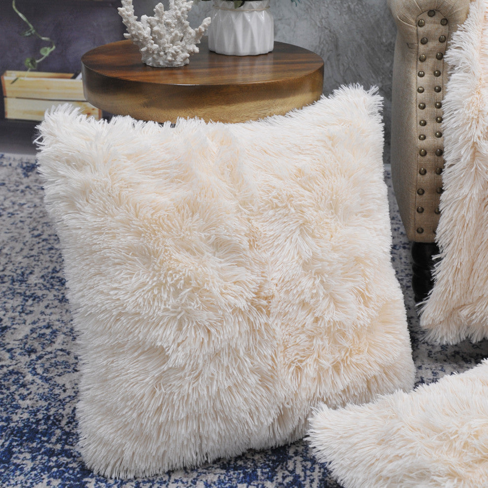 Shaggy Throw Blanket and 2 Pillow Shell 3 Piece Set, Ivory, Throw 50"x60" and 2 Pillow Shells 20"x20"