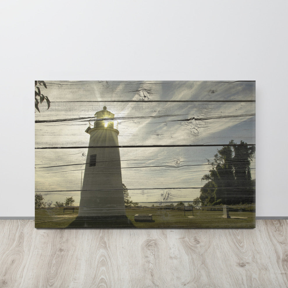Faux Rustic Reclaimed Wood Turkey Point Lighthouse Canvas Prints, 24" X 36"