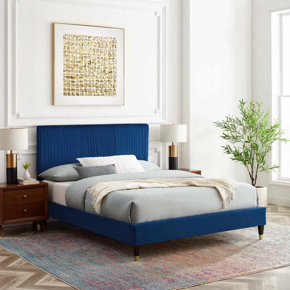 Platform Bed Frame, Twin Size, Velvet, Blue Navy, Modern Contemporary, Bedroom