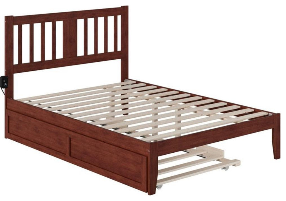 Pemberly Row Solid Wood Full Bed with Twin Trundle and USB Charger in Walnut