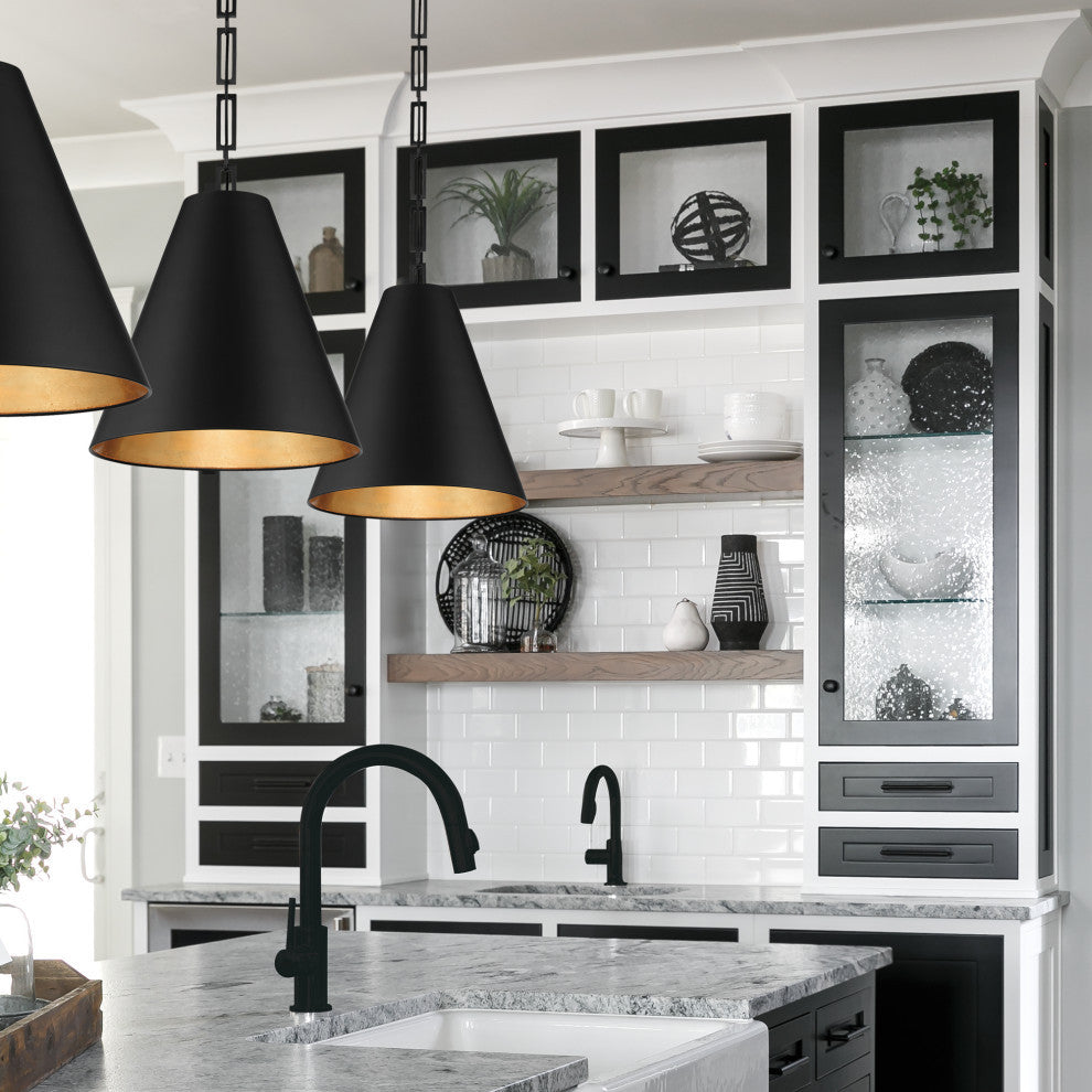 Alston Three Light Chandelier in Matte Black / Antique Gold