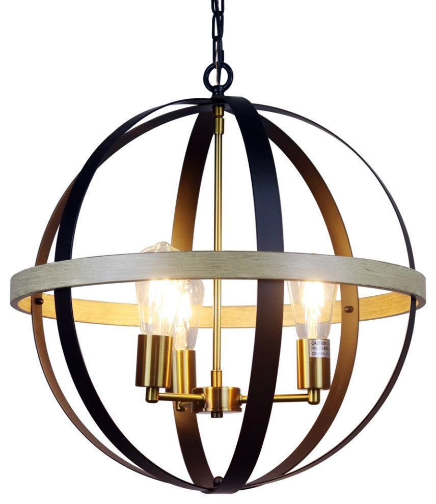 Chloe Lighting ABBOTT Farmhouse-Style Black/Bronze/Wood 3 Light Pendant 20" Wide