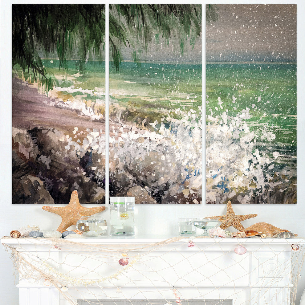 "Rocky Seashore With White Waves" Canvas Print, 3 Panels, 36"x28"