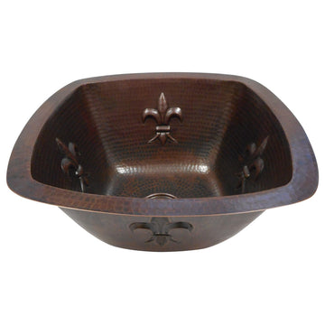 15" Aged Copper Square Copper Kitchen Bar Sink With Fleur de Lis Design