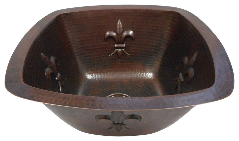 15" Aged Copper Square Copper Kitchen Bar Sink With Fleur de Lis Design