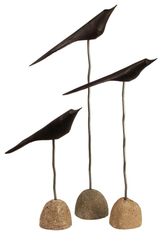 Contemporary Set of 3 Coastal Shore Bird Sculptures Natural Rock Wood Stone