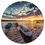 Boats And Jetty Under Dramatic Sky, Modern Bridge Round Wall Art, 36"