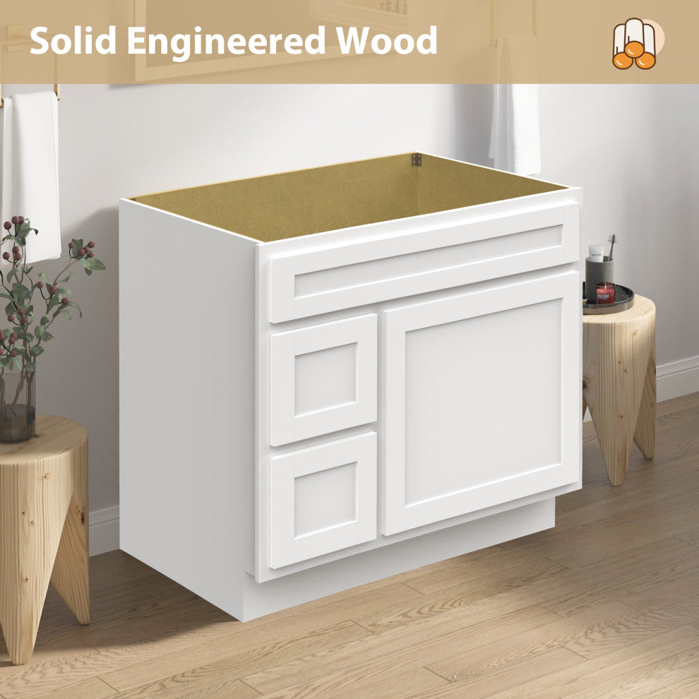 Vanity Art Vanity Base Cabinet, No Top, Drawers on Left, 36", White