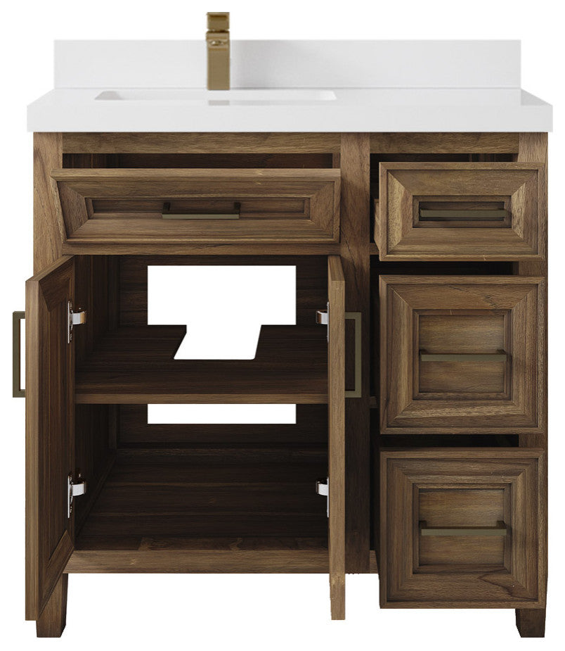 Santa Monica 36 Left Offset  Bath Vanity in Graywashed Teak 2" White Quartz