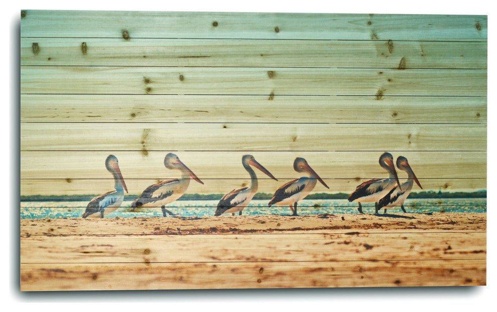 48" Pelican Flock at the Beach Wood Plank Wall Art