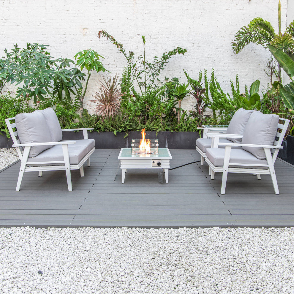 LeisureMod Walbrooke White Patio Conversation Set With Fire Pit, Light Gray