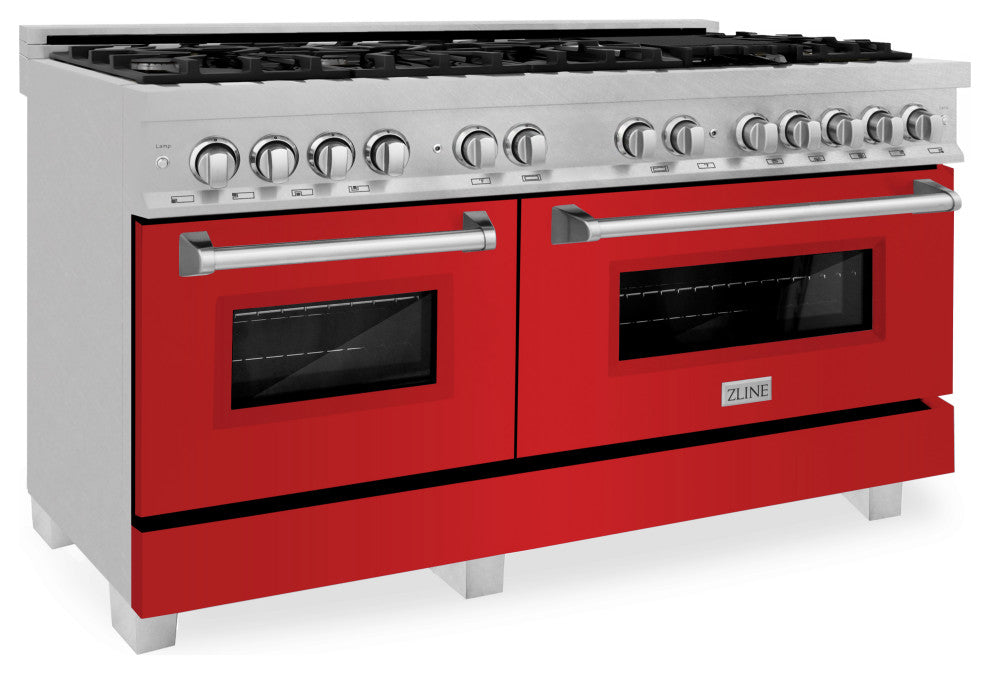 ZLINE 60" Dual Fuel Range, DuraSnow With Red Matte Door RAS-RM-60