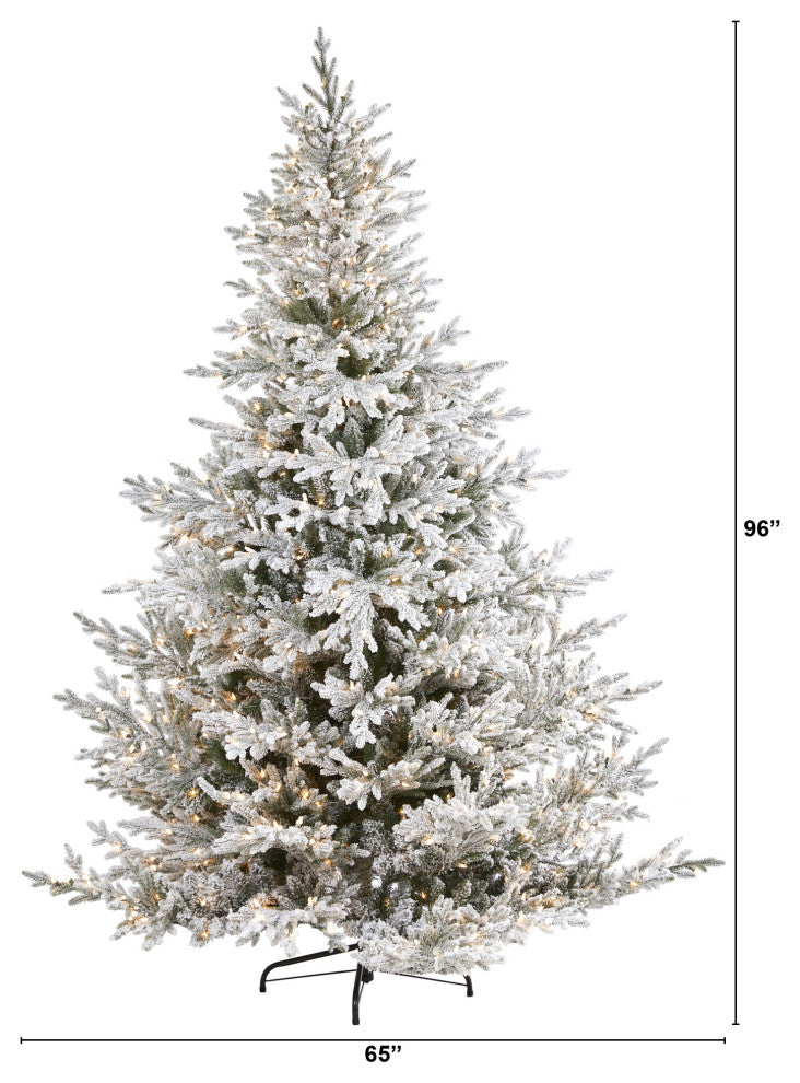 8' Flocked Fraser Fir Faux Xmas Tree W/800 White Lights & 4892 Bendable Branches