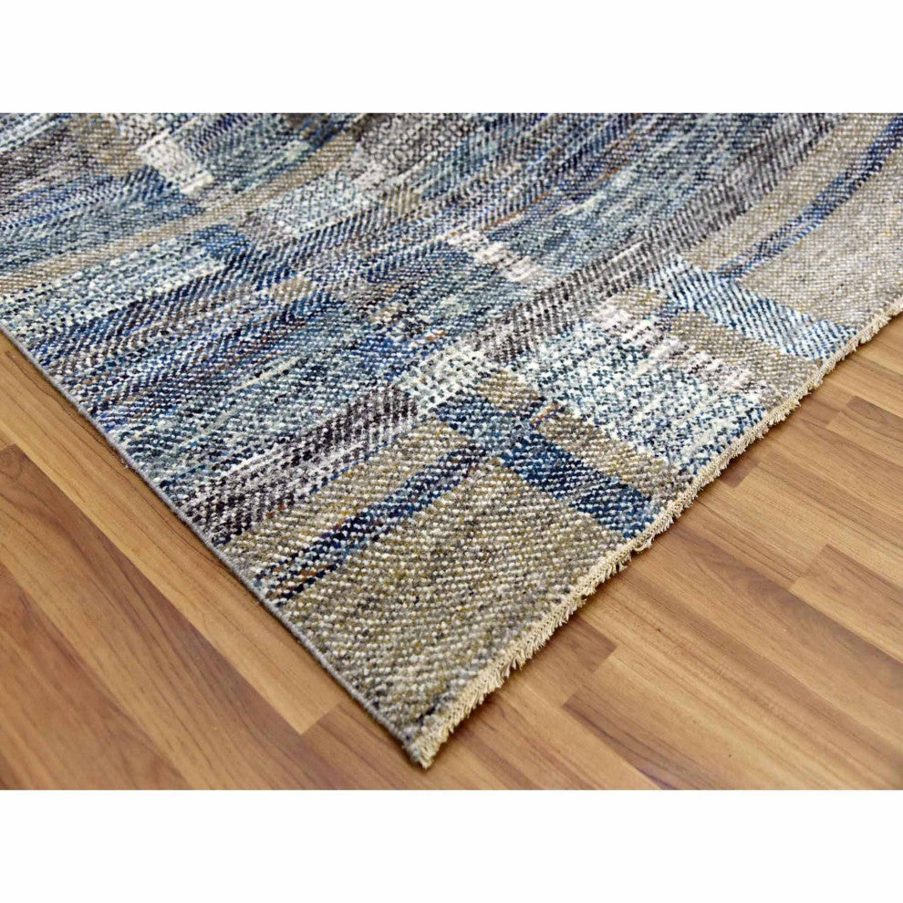 Brown Modern Geometric Opened Up Plaid Design Wool Hand Knotted Rug, 8'2"x10'2"