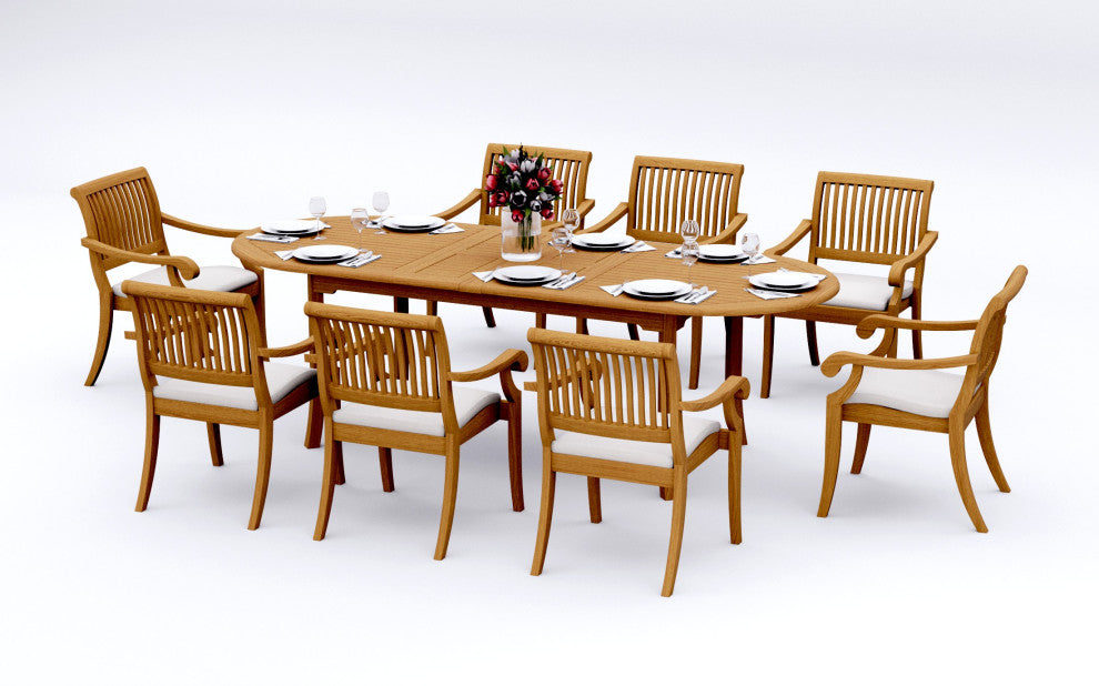 9-Piece Outdoor Teak Dining Set 94" Oval Extn Table, 8 Arbor Stacking Arm Chairs