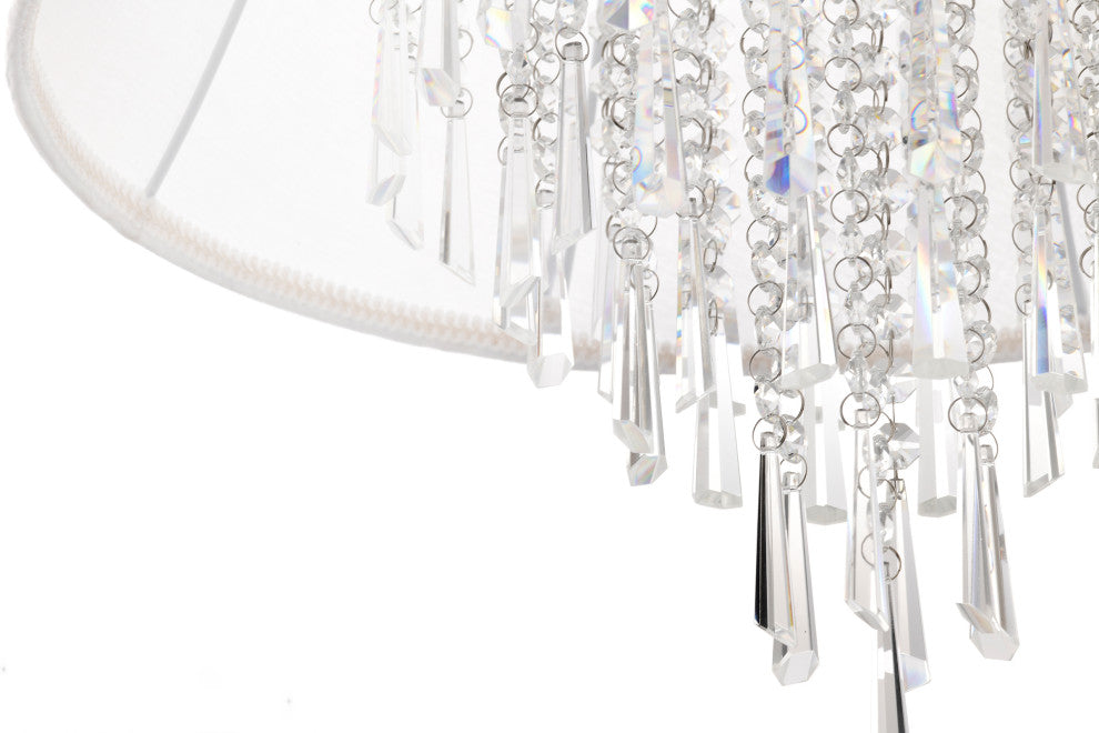 4-Light Double White Fabric Drum Shade Crystal Pendant Chandelier Glam Lighting