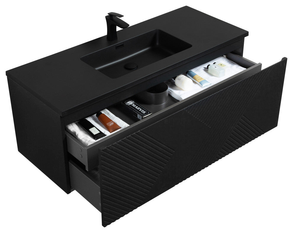 Matte Black Wall Mount Bath Vanity, Integrated Sink, Black Sink, 48"