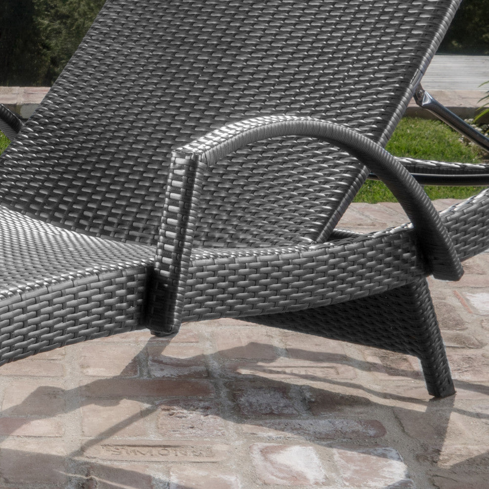 GDF Studio Solaris Outdoor Gray Wicker Armed Chaise Lounge With Cushion, Charcoa