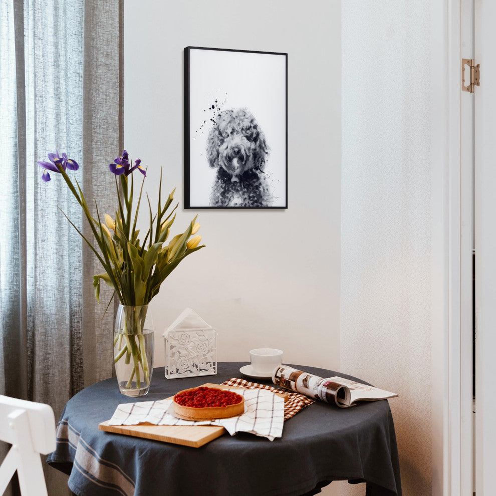 "Labradoodle" Black and White Pet Art on Printed Glass with Anodized Frame