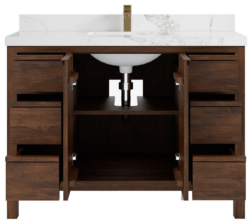 Elizabeth 48 Single Sink Bath Vanity in Dark Walnut Teak 2" Calacatta Nuvo