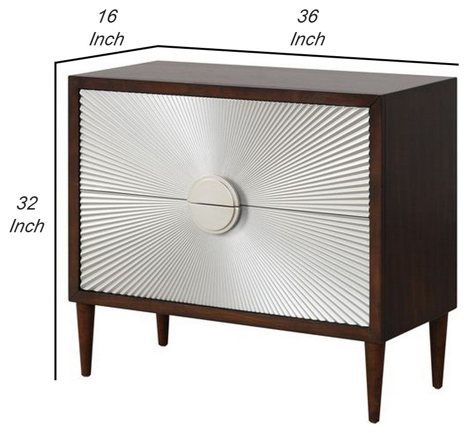 Benzara BM251150 Accent Table With Sunburst Design 2 Drawer Front, Brown/White