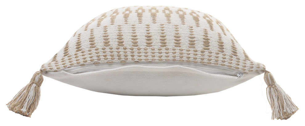 Ivory and Jute Geometric and Tasseled Throw Pillow