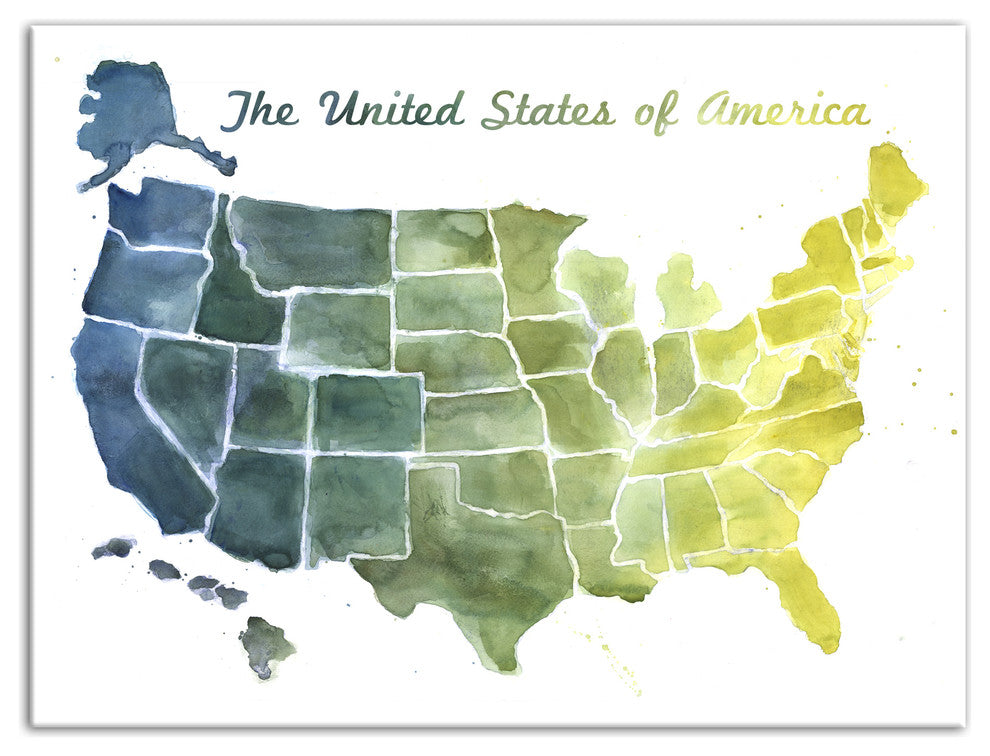 United States Blue and Green Watercolor Map 30x40 Canvas Wall Art