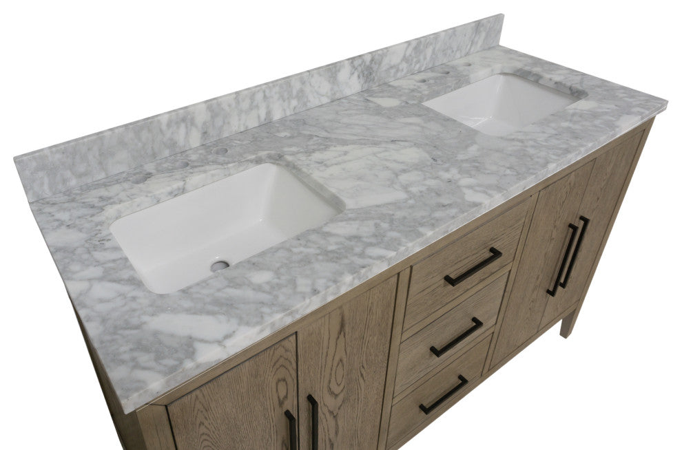 Parisian 60" Bathroom Vanity, Gray Oak, Carrara Marble, Double
