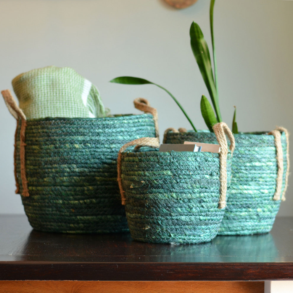 3 Piece Teal Green Wicker Baskets Set