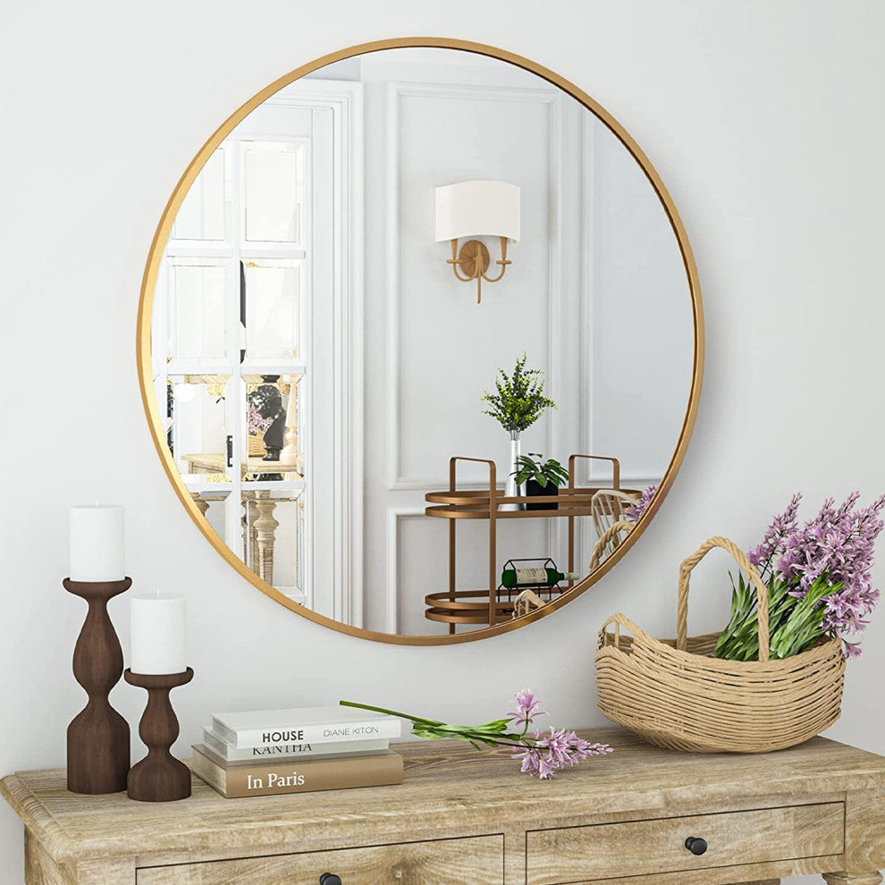 Easly Aluminum Alloy Framed Round Mirror, Gold, 24x24