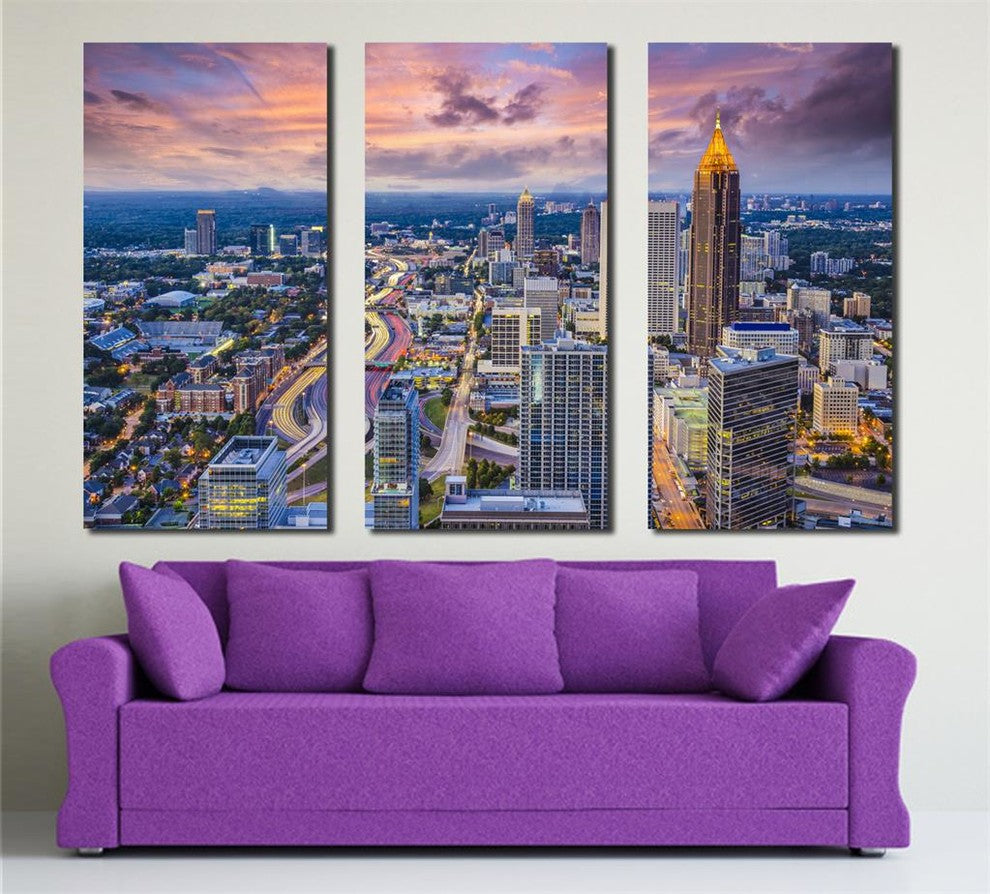 Atlanta Georgia Skyline Canvas Print Wall Art, 3 Panel Split, Triptych, 24x16