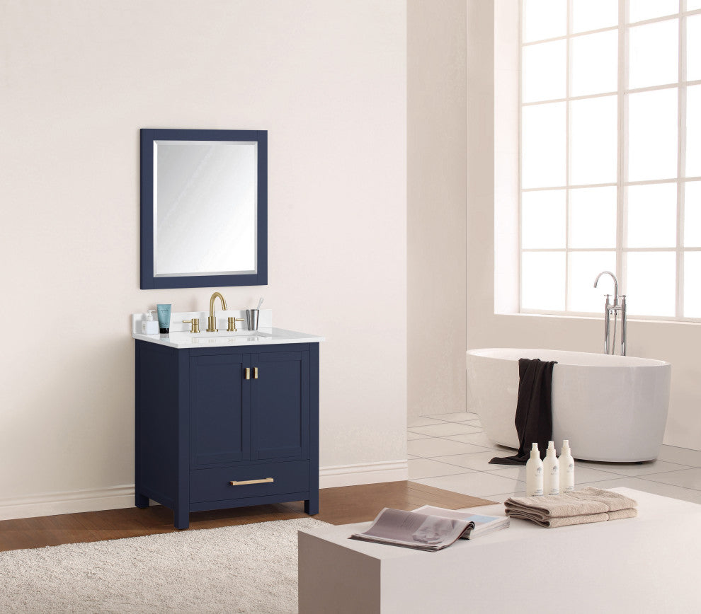 Avanity Modero Bath Vanity, Navy Blue, 31", Single Sink, Cala White Engineered S