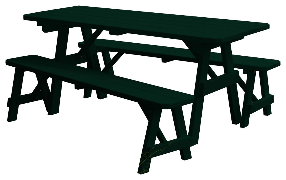 Pine Traditional Table With 2 Benches, Dark Green, 5 Foot, 2 Benches