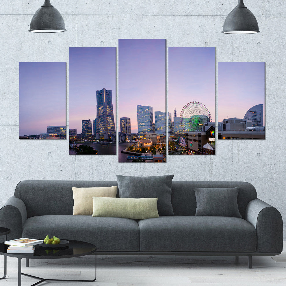 Minato Mirai Yokohama at Twilight, Cityscape Canvas Art Print, 60"x32", 5 Panels