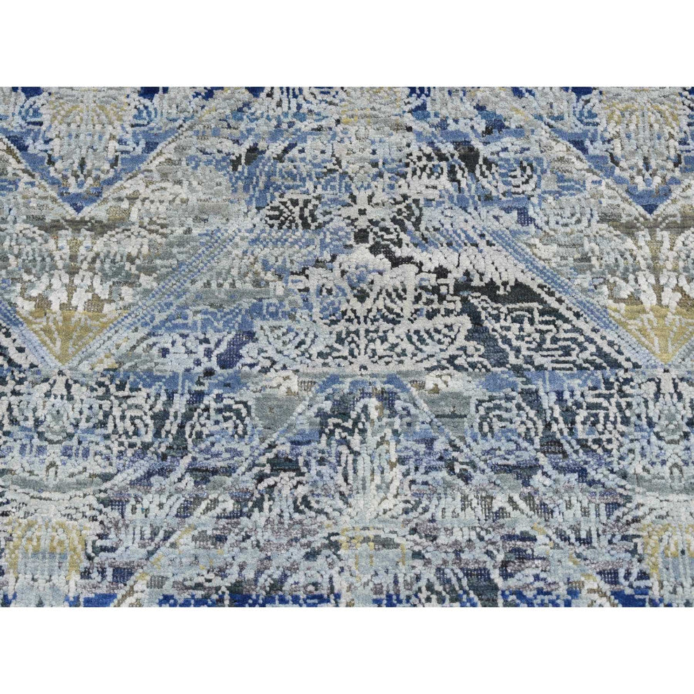 Steel Blue Broken and Erased Silk With Wool Hand Knotted Runner Rug 2'7"x8'3"