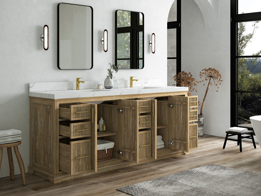 Alys Teak 84 Double Sink Bathroom Vanity Whitewashed 2" Calacatta Nuvo