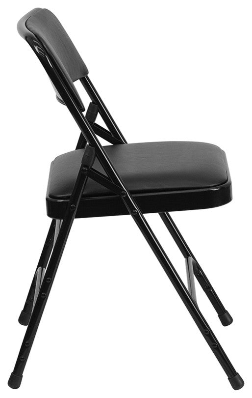 Curved Triple Braced and Double Hinged Black Vinyl Metal Folding Chair, Set of 4